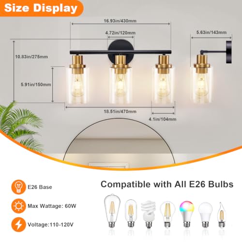 Image of DLLT 3-Light Bathroom Light Fixtures: Black and Gold Modern Vanity Lights with Clear Glass Shade - Bathroom Wall Lamp for Mirror Kitchen Living Room Hallway Cabinet Porch