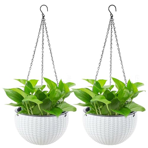 SpringUp 2 Pack 8.3 Inch Hanging Planters for Indoor Outdoor Plants, Trendy Rattan Design Hanging Flower Pots with Drain Holes, Plant Containers for Garden,Home Decoration,Gift (White)