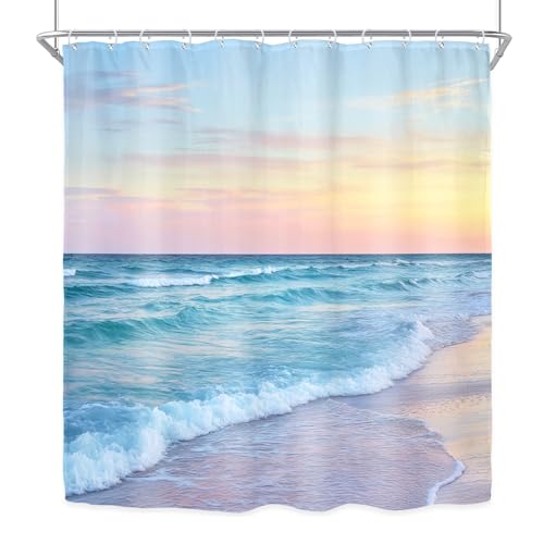 Riyidecor Ocean Beach Shower Curtain for Bathroom Decor 72Wx72H Beachy Hawaiian Waves Sea Blue Pink Tropical Coastal Seaside Scene Island Art Printed Fabric Polyester Waterproof 12 Pack Plastic Hooks by Riyidecor - Used condition - Image 8