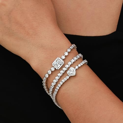 925 Sterling Silver Tennis Bracelet Round Cubic Zirconia Classic CZ Gemstone Imitation Diamond Bracelet Fine Jewelry Birthday Gifts for Women Mom Wife Her, Chain Length 6.3+1.6 Inch2