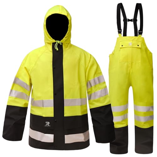 RainRider Rain Suits Waterproof for Men & Women Heavy Duty Rain Gear High Visibility Reflective Jacket Bib Pants 3 Pieces Rainwear(Fluorescent,M)