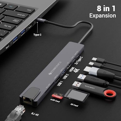 ZEBRONICS CT81 (8 in 1) Multiport HUB, 4K HDMI, 100 Watts PD Charging, USB 3.0, 2X Type C, 2X USB, SD, mSD, RJ45, Compact Metal Design, LED Indicator, Multi OS Compatible view 2