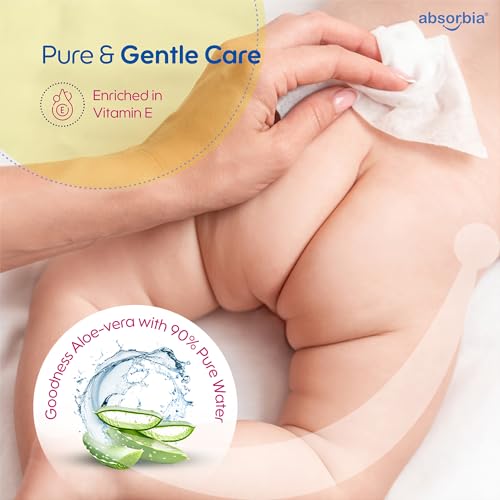Image of Absorbia Gentle Baby Wet Wipes (144s x Pack of 2 with Lid) | 90% Pure Water Based | Enriched in Aloe Vera & Vitamin E | Paraben & Alcohol Free | Safe for Face, Hands & Bums | Premium Hygiene Essential