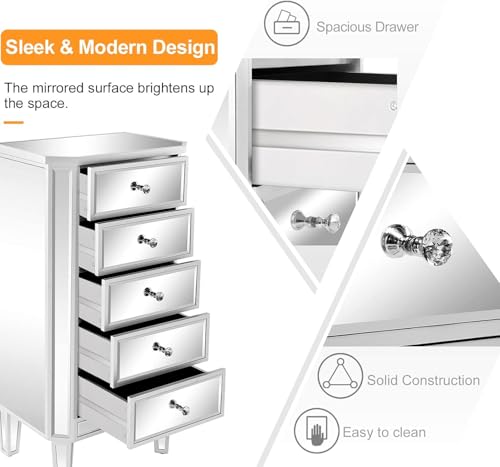 Image of VINGLI Mirrored Dresser 5 Drawers Modern Chest, Mirrored Chest of Drawers, Glass Dresser for Living Room, Silver