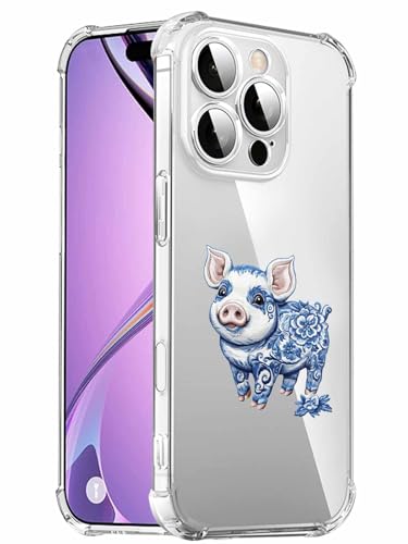 Image of Shijh Tec for iPhone 15 Case, Pig Blue Floral Shockproof Clear Phone Cover with Airbag Full-Body and Camera Protection Scratchproof Decorative Covers