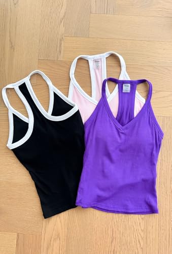 Danysu V Neck Racerback Tank Top for Women with Built in Bra Ribbed Long Tank Fitted Basic Cami Tops Violet M