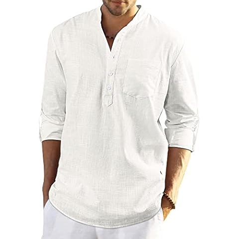 LVCBL Mens White Cotton Linen Shirts Long Sleeve Shirt Button Down Henley Shirts Lightweight Casual Plain Tops for Men White XL Cover
