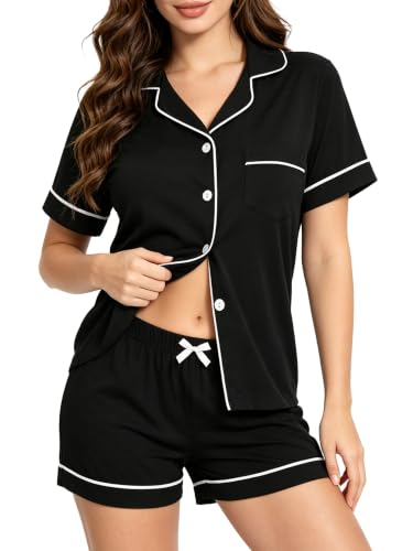 LANKMEI Womens Button Down Pajama Sets 2 Piece Soft Comfy Short Pj Sleepwear, Black, Large