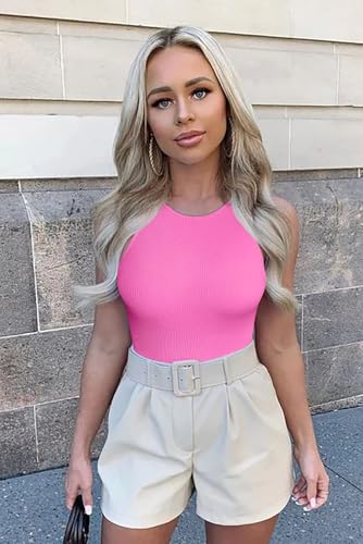 Image of OQQ Women's 3 Piece Bodysuits Sexy Ribbed One Piece Sleeveless Halter Neck Tops Leotard Summer Trendy