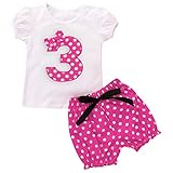 ODASDO Toddler Kids Girl 3rd Third Birthday Party Cake Smash Outfit Cotton Short Sleeve T-shirt Top Polka Dots Shorts Pants Ear Bowknot Headband 3pcs Clothes Set Photo Props Hot Pink 2-3 Years