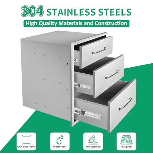 Image of Outdoor Kitchen Drawers 18 inch W x 23 inch H x 21 inch D Stainless Steel Triple Drawers with Ergonomic Handle for BBQ Island, Patio Grill Station & Outdoor Kitchen Cabinets