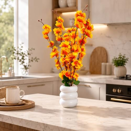 Image of Artificial Yellow Cherry Blossom Flower Plant with White Ceramic Pot | Realistic Faux Floral Arrangement for Home Decor, Living Room, Bedroom, Office Desk