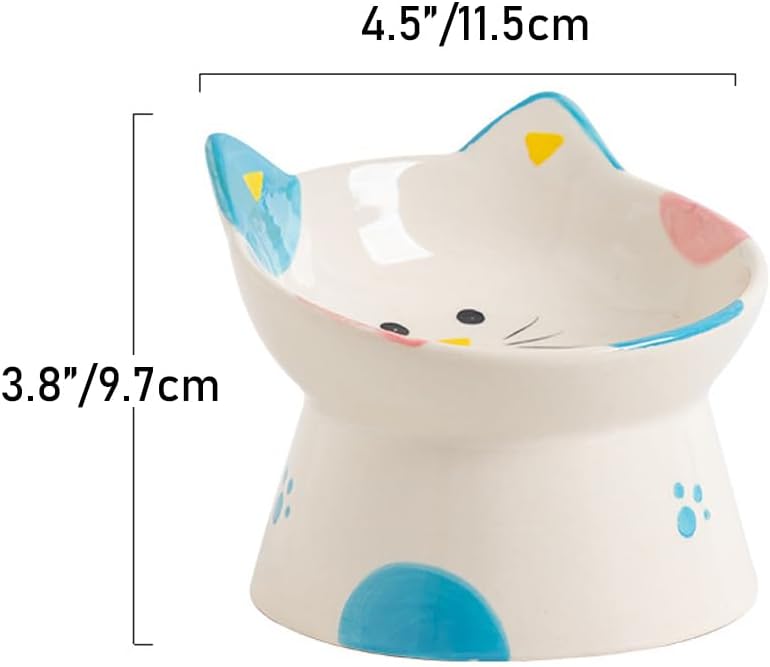 Ceramic Raised Cat Bowls, Anti Vomiting and Protect Pets' Spines for Indoor Cats Whisker Friendly Pet Feeder for Cats Puppies (Blue)