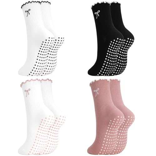 soxitoevy 4 Pairs Women's Pilates Non Slip Socks Cute Bow-tie Ruffled Yoga Crew Socks for Ballet Barre Hospital Gym (Pink Color Scheme)