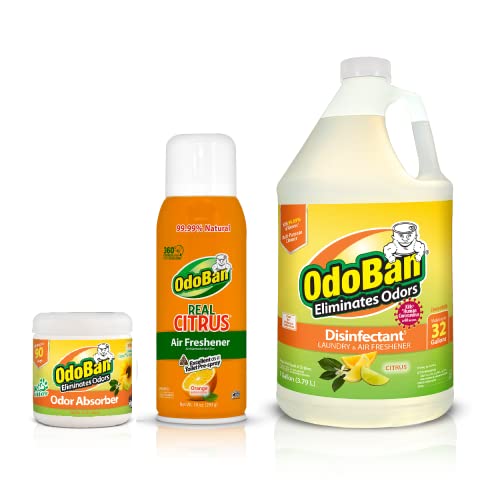 OdoBan Aroma Eliminator Set, Made in the USA, 10 Ounce Natural Oil Real Citrus Orange Air Freshener Spray, 1 Gallon Multipurpose Disinfectant Cleaning Concentrate, 14 Ounce Solid Scent Absorber