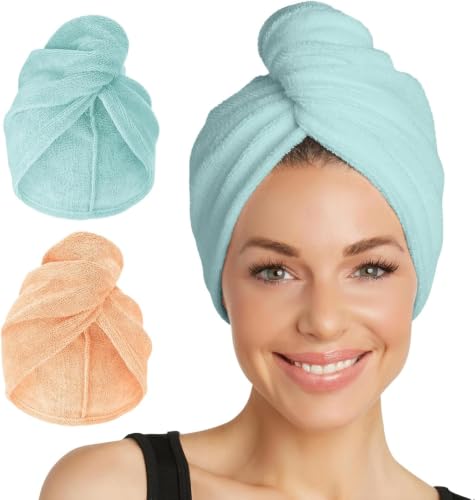 Image of Turbie Twist 2-Pack Microfiber Hair Towel for Beauty, Travel, Gifting - Hair Wrap Turban for Straight, Wavy & Curly Hair - Premium Personal Care - Bermuda & Peach