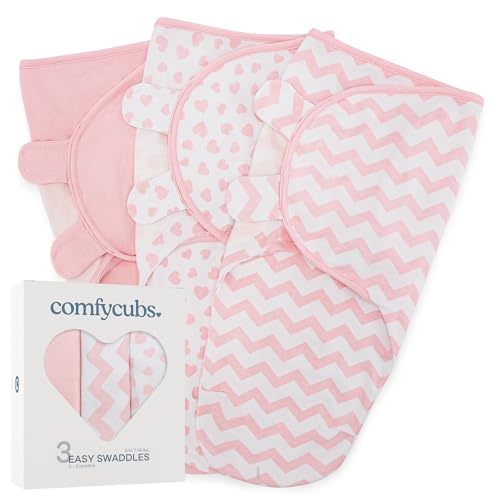 Image of Comfy Cubs Easy Swaddle Blanket, 3 Pack - 100% Cotton Newborn Wrap, Small for 0-3 Months Infants, with Adjustable Velcro, Breathable and Durable Sleep Sack for Babies - Pink