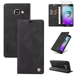 Beajew kompatibel mit Samsung Galaxy A3 2016/A310 Hülle [Mit 2 Stück Panzer Schutz Glas] Premium Leder Stoßfest Schutzhülle Kartenfach Klapphülle Handyhülle für Samsung Galaxy A3 2016/A310, Schwarz