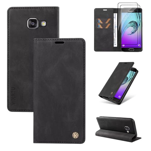 Beajew kompatibel mit Samsung Galaxy A3 2016/A310 Hülle [Mit 2 Stück Panzer Schutz Glas] Premium Leder Stoßfest Schutzhülle Kartenfach Klapphülle Handyhülle für Samsung Galaxy A3 2016/A310, Schwarz