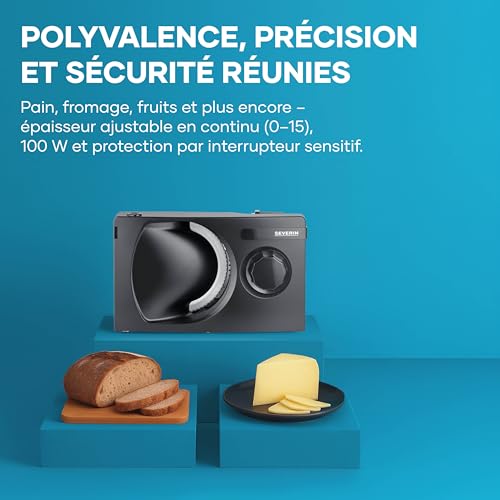 SEVERIN Trancheuse universelle, Trancheuse électrique pour découpe fine comme épaisse, Trancheuse à pain, fromage, avec lame en inox amovible, AS 9595, Noir – vue 3