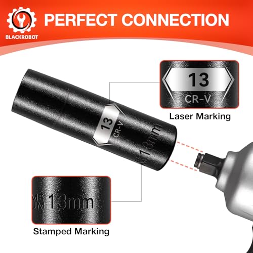 Image of BLACKROBOT 1 /2 Inch Drive 6-Point Deep Socket, 13mm Deep Impact Socket, CR-V Steel