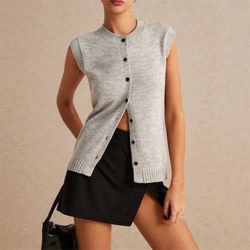 Image of Women Button Down Knit Sweater Vest Casual Loose Fit Crew Neck Sleeveless Button Front Knitted Sweater Cardigan
