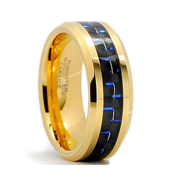 Metal Masters Co. 8MM Men's Gold Plated Tungsten Carbide Ring Wedding Band W/Black & Blue Carbon Fiber Inaly Size 14
