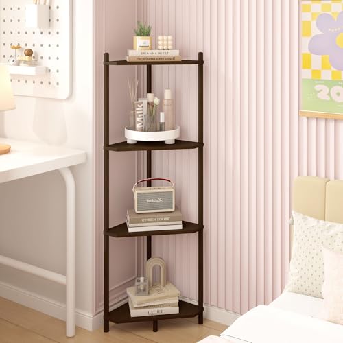 Corner Shelf Stand - 4 Tier Walnut Bamboo Small Corner Bookshelf for Office Kitchen Bedroom Plant Stand Living Room Decor Small Space by Wisuce - Image 4