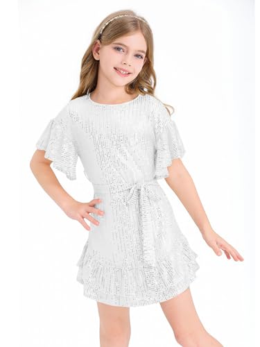 Batermoon Girls' Sequin Dress Crew Neck Bat Sleeve Ruffle Party Wedding Flower Dress with Belt for 5-14 Years2