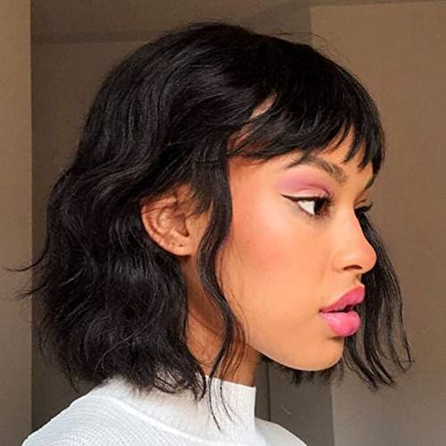WIGNEE 100% Virgin Human Hair Natural Wave Bob Wigs with Bangs Brazilian Human Hair Wave Wigs Natural Black Color (Bob 11 Inch)