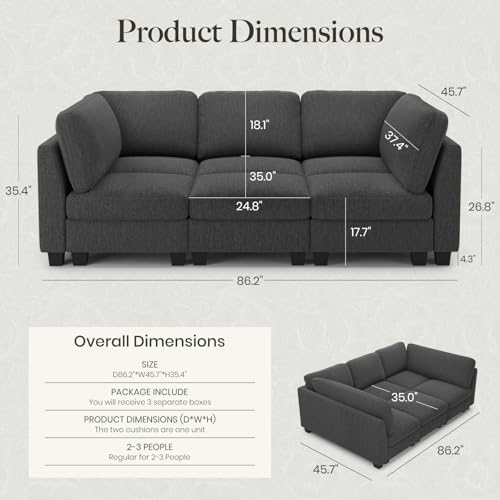 Image of Belffin Sectional Sleeper Sofa Bed with Deep Seat Modular Sectional Cloud Sofa Couches for Living Room. Dark Grey Couch