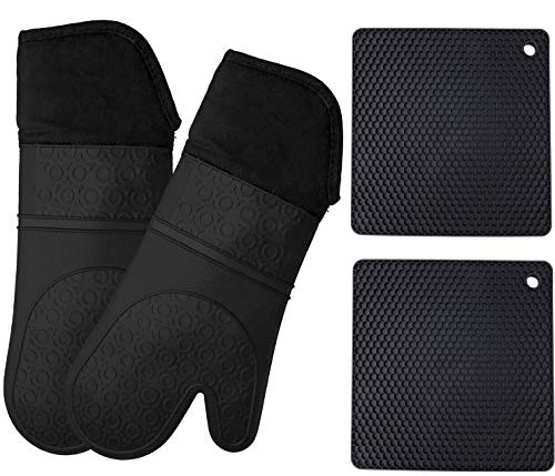 WeeDee Ofenhandschuh Topfhandschuhe Hitzebeständige - Silikon und Baumwolle Ofenhandschuhe 1 Paar und 2 Silikon Topflappen Topfuntersetzer (Schwarz)