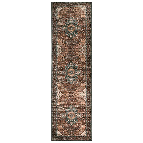 Moynesa Ultra-Thin Washable Runner Rug - 2X7 Kitchen Runner Stain Resistant Hallway Mat, Non-Slip Non-Shedding Bathroom Laundry Carpet Runner For Front Door Bedside Camper, Brick Red/Dull Teal #TOP7