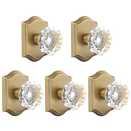 Free Shipping Over $50 Gobrico Clear Crystal Dummy Doorknobs in Antique Brass,Single Side Dummy Door Handles for Hall Closet Pantry,Universal Knobs,5 Pack