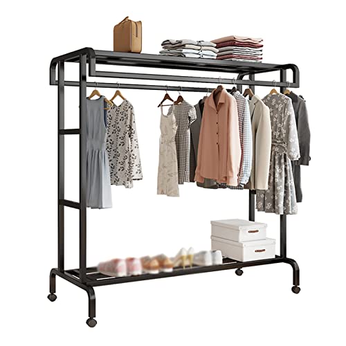 perchero HAIYU Ruedas, Colgador Independiente, Doble Riel con Estante de Almacenamiento, Organizador Suspensión de Metal para Pasillo Dormitorio, Negro(Size:150cm) Cover