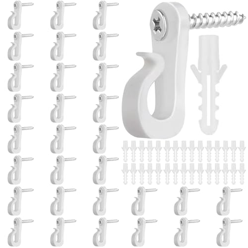 FAYAHAR 30 Pièces Crochets à Visser, Q-Hanger Crochet à Vis, Crochet Guirlande Lumineuse Polyvalent, pour Lumières décorations de Noël, Guirlandes Lumineuses LED (Blanc)
