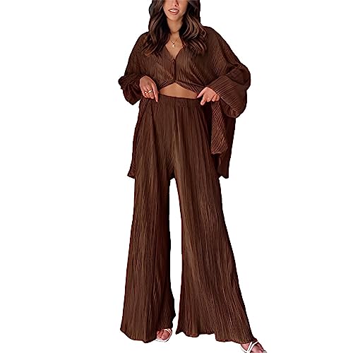 Ensemble plissé femme 2 pièces avec chemise élégante et pantalon large