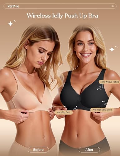 Image of Vertvie Wireless Jelly Bras Push Up Gel Support Seamless | Low Cut Plunge V-Neck, No Underwire, Natural Lift & Soft Comfort, Everyday & T-shirt Bralette, Wide Straps, Back Smoothing