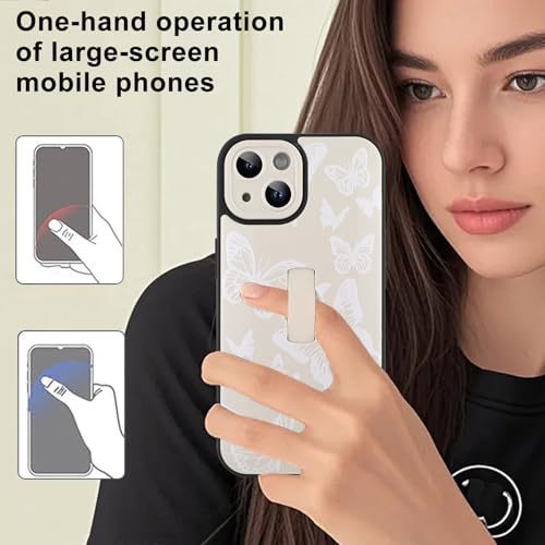 Image of for iPhone 15 Case with Finger Strap Holder, Cute Cool Butterfly Print Pattern Design for Women Men, Shockproof Anti Scratch Hand Kickstand Protective Cover, White