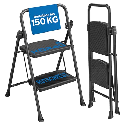 kör4u Trittleiter 2 Stufen - 150 kg belastbar - Standhöhe ca. 45 cm, klappbar, rutschfeste Stufen, Stahlrahmen, Haushaltsleiter, schwarz