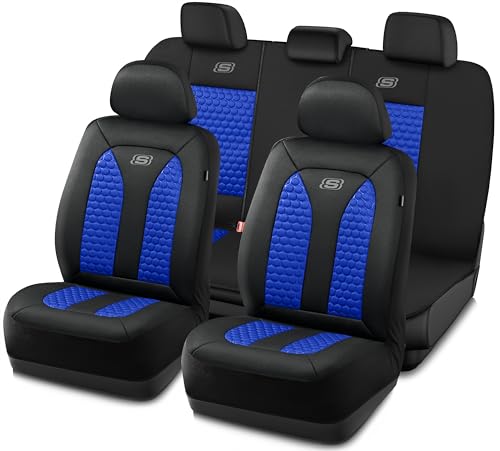 Skechers Memory Foam™ Car Seat Cover Full Sets, Hexcomb Breathable Thick Seat Covers, Airbag Compatible, Automotive Comfort & Protection for Most Cars,Van,Trucks, SUVs (Blue,Full Set)