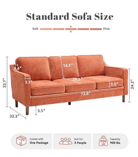 Image of Kingfun 80 inch Chenille Sofa, 3 Seater Couch, Mid Century Modern Couches with Solid Wood Legs for Living Room Bedroom