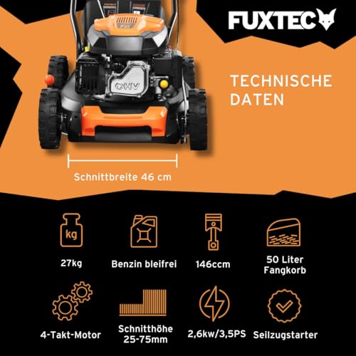FUXTEC 3v1 bencinska kosilnica FX-RM4646ECO • 3,5KM 2,6kW 4-taktni motor 146ccm • 46cm širina košnje 7 stopenj 25-75mm • 50L zbiralnik trave • Funkcija mulčenja in zadnji izmet • Lahek 25kg