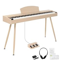 LEADZM Piano Numérique 88 Touches avec Support en Métal, Clavier Piano Entièrement Lesté, Piano Electrique avec 3 Pédales, 2 Systèmes Bluetooth, Adapté aux Débutants, Couleur Bois Naturel - Les Beatles, Paul McCartney, John Lennon, RIngo Starr, George Harrison
