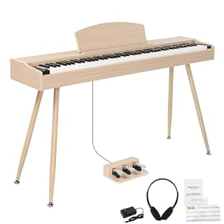 LEADZM Piano Numérique 88 Touches avec Support en Métal, Clavier Piano Entièrement Lesté, Piano Electrique avec 3 Pédales, 2 Systèmes Bluetooth, Adapté aux Débutants, Couleur Bois Naturel - Les Beatles, Paul McCartney, John Lennon, RIngo Starr, George Harrison