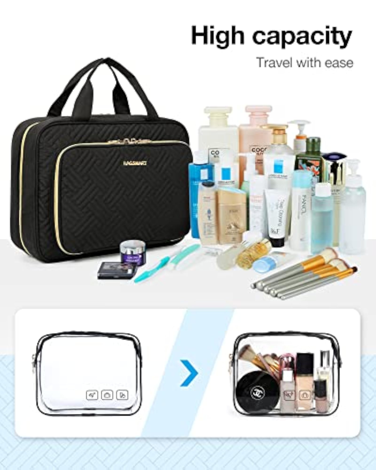Hanging Travel Makeup Organizer with TSA Approved Cosmetic Bag