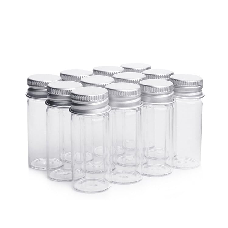 Upstore 12Pcs 10ml Clear Glass Bottles Jars With Screw Aluminum Cap Empty Glass Tiny Jars Small Containers Message Sample Bottle for Essential Oil Powders Art Craft Decor Wedding Favors - Image 2