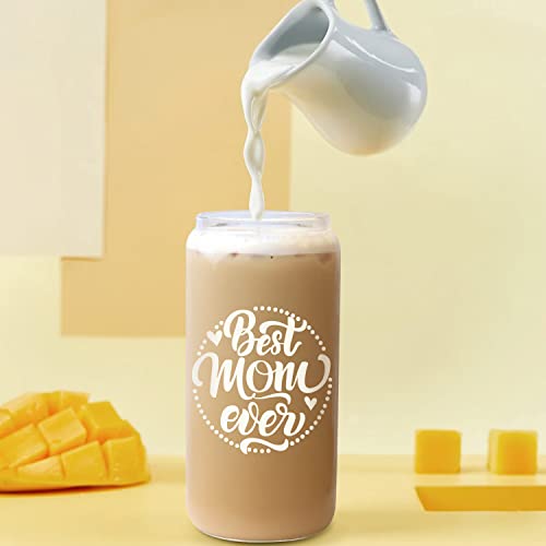 Frerdui Birthday Gifts for Mom, Mothers Day Gifts from Daughter Son Kids, Best Mom Ever Mama 18oz Glass Cup Coffee Water Bottle with Bamboo Lid and Straw, Gift for Mom Women, Christmas Gift for Mommy