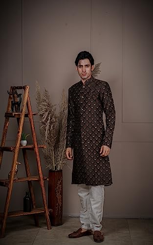 Image of Amzira Men's Soft Cotton Indo Western Kurta Pyjama Set with Mandarin Collared Neck Long Sleeves Button Closure and Solid Pant