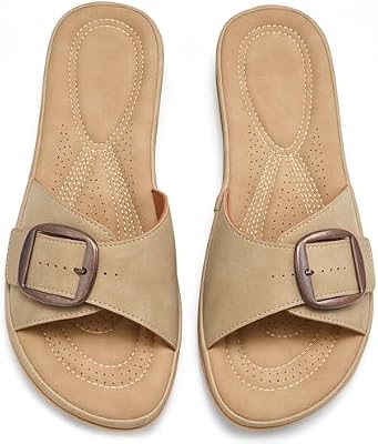 Ecetana Womens Flat Slides Sandals Comfortable with Adjustable Buckle